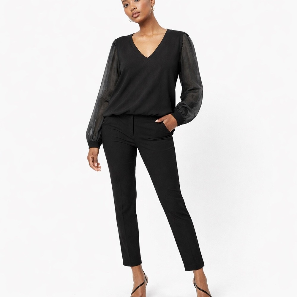 Talbots Plus 2X Black V-Neck Sweater Sheer Puff‎ Sleeve Top Stretch Elegant Chic